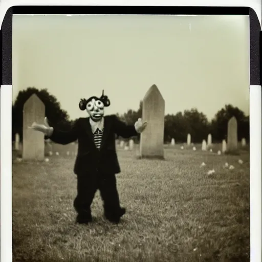 Image similar to Old polaroid photo of a Clown-Vampire against cemetery