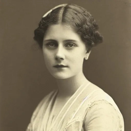 Image similar to edwardian photograph of a beautiful woman, elegant, symmetrical, staring at the camera, very grainy, 1900s, realistic, 1910s, close-up portrait, innocent smile, slightly blurry