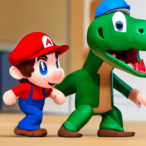 Image similar to italian plumber wearing a red hat and shirt, blue jumpsuit fighting a dinosaur.