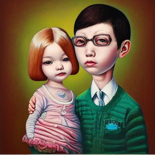 Image similar to a couple and their child portrait, living room wall background, lowbrow art pop surrealism art style, by Mark Ryden and Hikari Shimoda