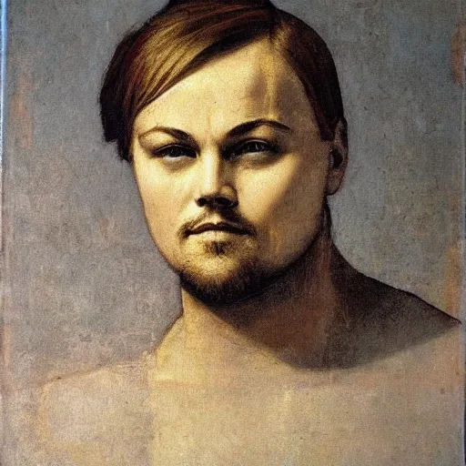 Prompt: dicaprio by davinci, oil canvas