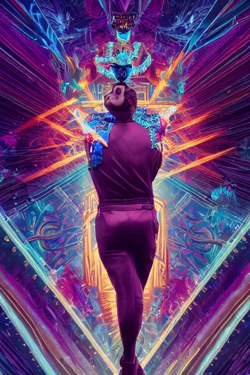 Image similar to full-body sculpture of a young handsome Latino prince as a half cibernetic android with a glowing blue diamong in his chest, white laser beams coming out of his eyes, crown of giant jewels, flowing neon-colored silk, geometric shapes in a cyperbunk and baroque style. intricate artwork by caravaggio. Trending on artstation, octane render, cinematic lighting from the right, hyper realism, octane render, 8k, depth of field, 3D