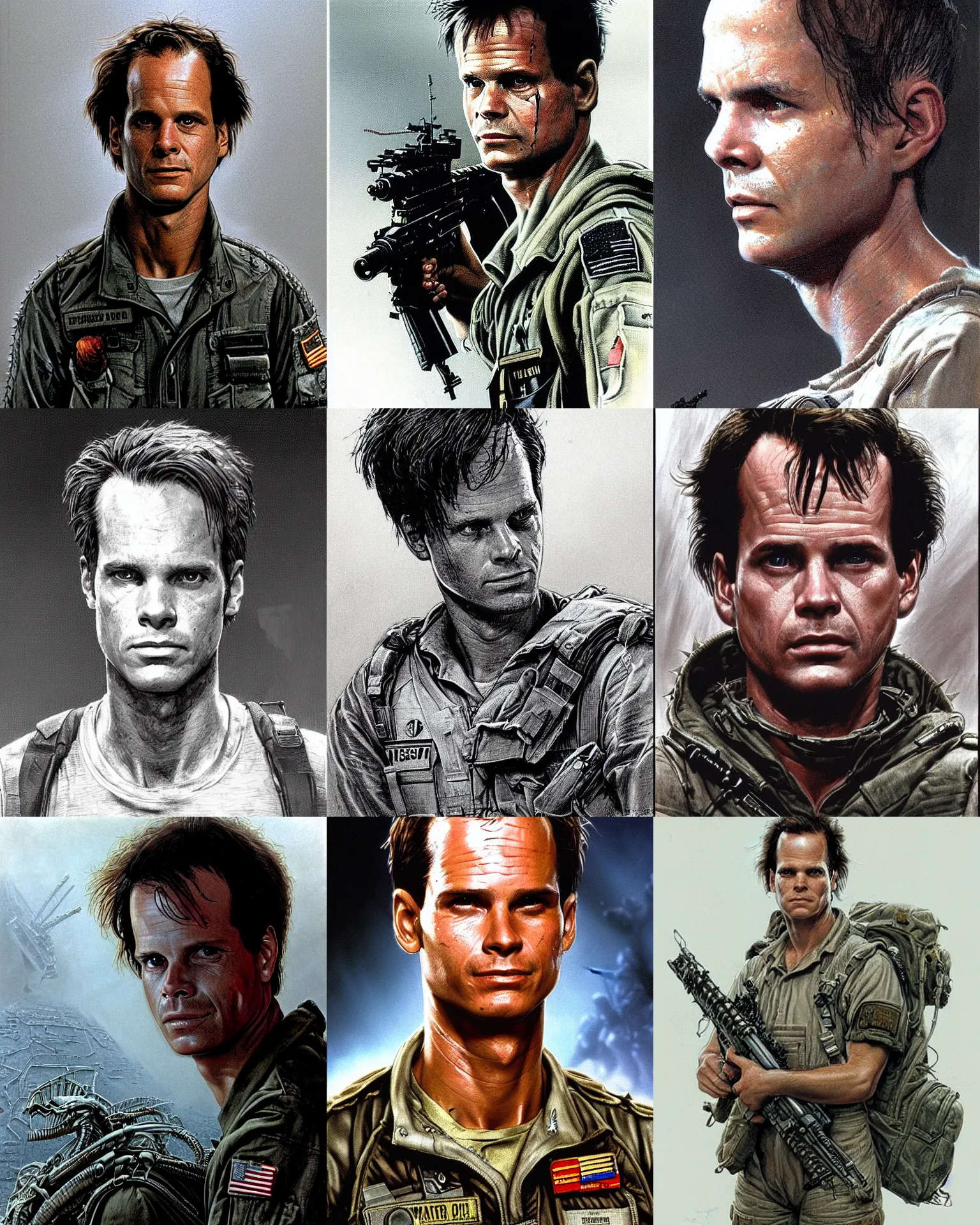 Prompt: private first class william l. hudson ( bill paxton 3 0 years old ) in the film aliens 1 9 8 6, concept art,, short spikey haircut, small forehead, highly detailed by greg rutkowski, michael whelan and gustave dore