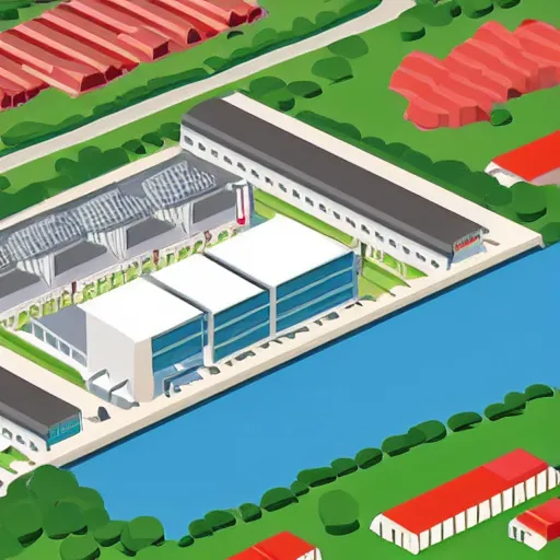 Prompt: 3 d isometric illustration of taiwan manufaturing factory seen from the air