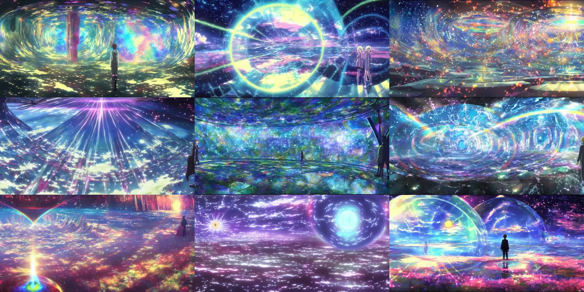 Prompt: a painting of inside the prism of dreams ; a beyond - dimensional fantasy world, in a screenshot from the science fiction anime film