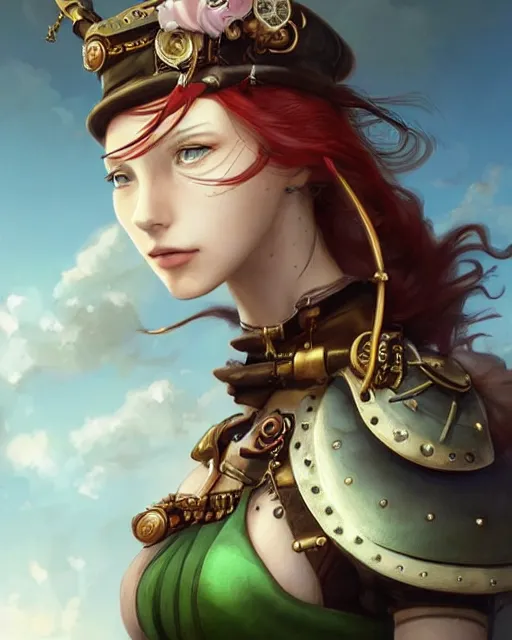 Image similar to a beautiful close up portrait 2D illustration of a young female steampunk pirate wearing leather armor on gold and red trimmings on green, by Charlie Bowater, tom bagshaw, Artgerm and Lois Van Baarle, beautiful anime face, very cool pose, pirate ship with an epic sky background, slightly smiling, cinematic anime lighting and composition, fantasy painting, very detailed, ornate, trending on artstation and pinterest, deviantart, google images