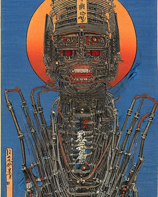 Image similar to Hiroshige portrait of a robot saint made of cables and robotic pod by Frank Frazetta