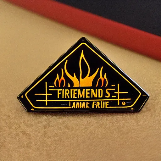 Image similar to a triangle enamel pin of a retro fire flames warning label, smooth curves