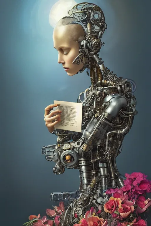 Image similar to a beautiful intricate fine art portrait photo of a happy futuristic cybernetic cyborg reading a letter, by tom bagshaw and anna dittman, perfection!, studio lighting, golden ratio composition, 5 0 mm lens, bionic robot overgrown with flowers, cybernetic scifi, deep depth of field, artstation, 8 k