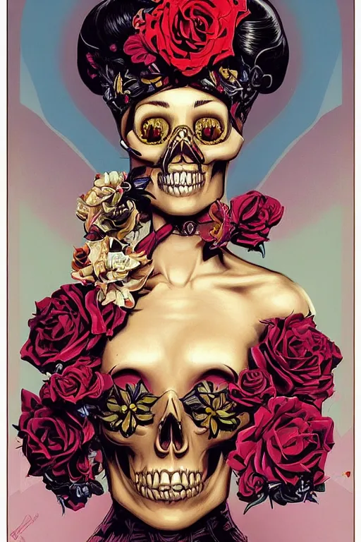 Image similar to a beautiful fancy skull lady by dan mumford and gil elvgren