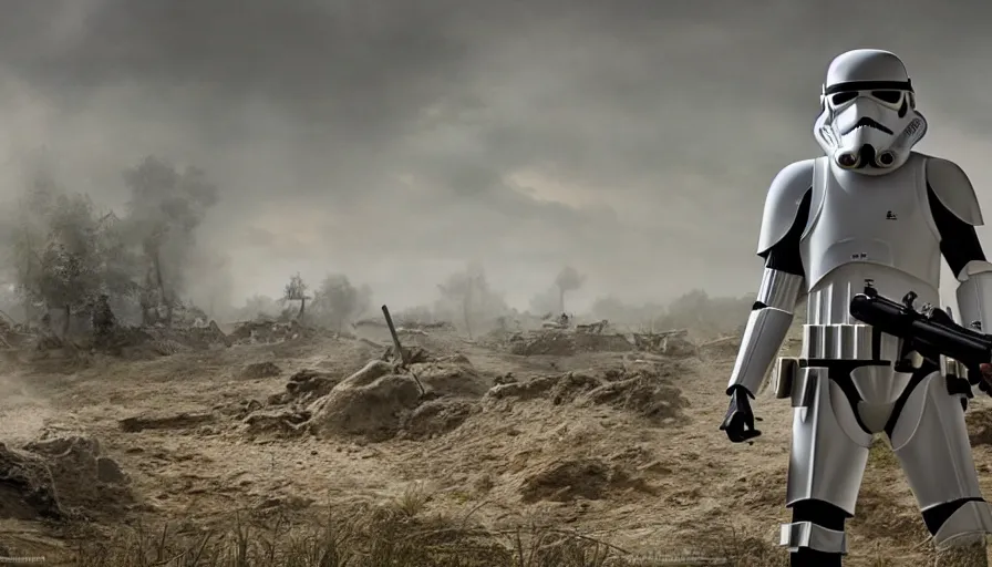 Prompt: Photorealistic Rendering of a Stormtrooper in World War!! 2 on a battlefield between ruins, Wallpaper, Hyperdetailed, Raytraced, Haze, Style of Claude Monet