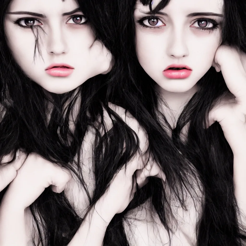 Image similar to A 20 years old Paludnitsa crying. Long black hair, perfect face, beautiful dark eyes, white dress, menacing, smooth, sharp focus, vivid colors, highly detailed, digital art, 4k, medium shot.