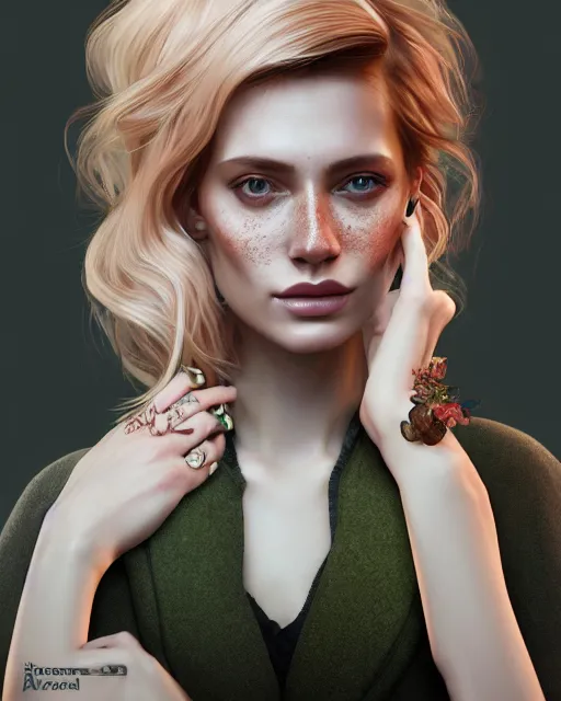 Image similar to beautiful digital painting of a stylish swedish socialite forest with high detail, real life skin, freckles, 8 k, stunning detail, works by artgerm, greg rutkowski and alphonse mucha, unreal engine 5, 4 k uhd