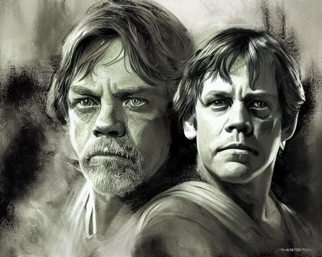 Prompt: portrait of luke skywalker mark hamill young from star wars 6 return of the jedi 1 9 8 3 in shades of grey but with green by jeremy mann