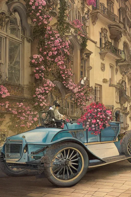 Image similar to ultra realistic illustration, old vintage car in the city with flowers blooming out the window, elegant, highly detailed, digital painting, concept art, smooth, sharp focus, illustration, art by alphonse mucha