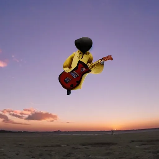 Prompt: The swell pig rat playing guitar while jumping in parachute