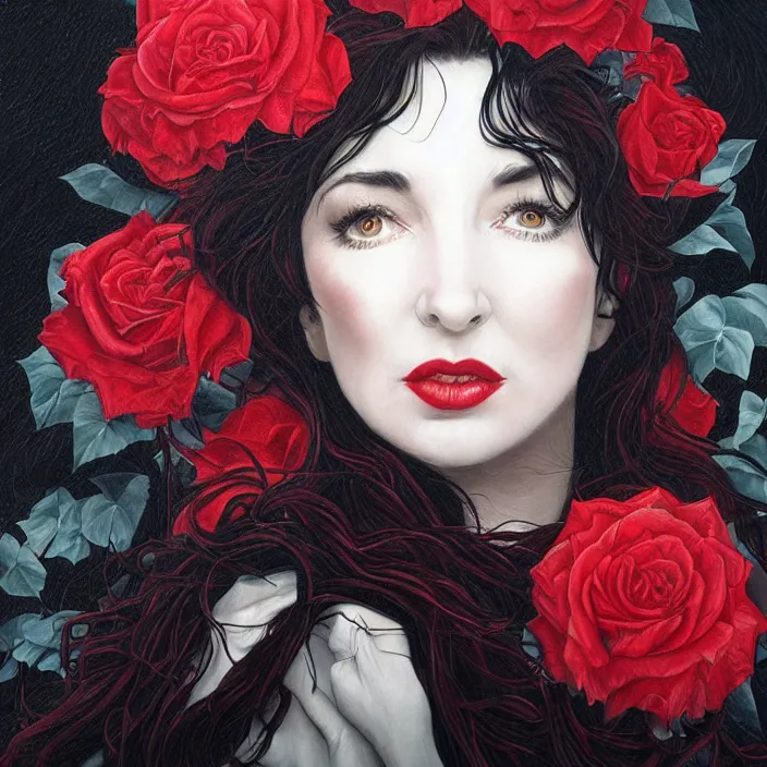 Prompt: portrait of kate bush against a red velvet background, lush black hair, pale skin, white roses, flowing material, intricate, beautiful cinematic lighting, stuning painting by artgerm and android jones