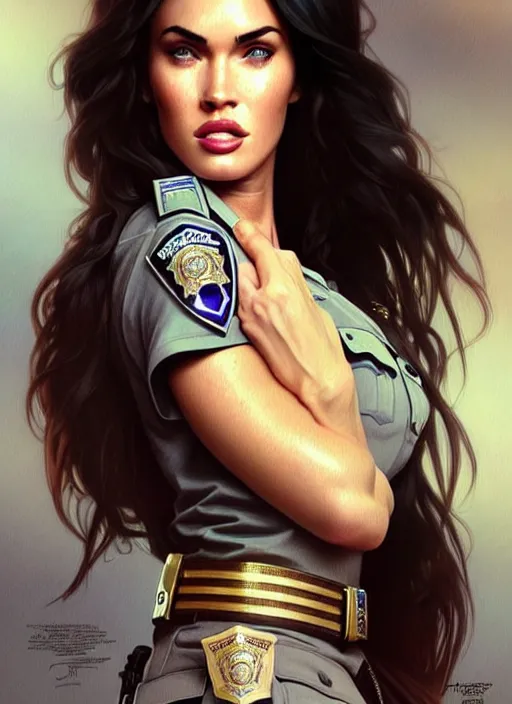 Prompt: portrait of megan fox as police officer, uniform, intricate, headshot, highly detailed, digital painting, artstation, concept art, sharp focus, cinematic lighting, illustration, art by artgerm and greg rutkowski, alphonse mucha, cgsociety