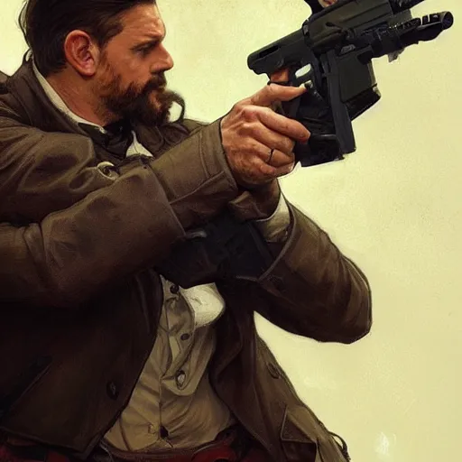 Image similar to mustle manly man holding a gun, elegant, dynamic pose, highly detailed, digital painting, artstation, concept art, matte, sharp focus, illustration, art by Artgerm and Greg Rutkowski and Alphonse Mucha