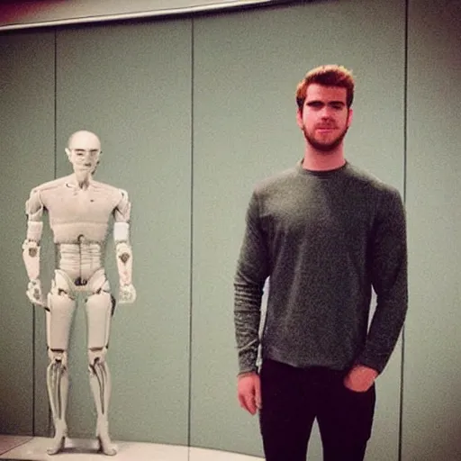 Image similar to “ a realistic detailed photo of a guy who is an attractive humanoid who is half robot and half humanoid, who is a male android, actor liam hemsworth, shiny skin, posing like a statue, blank stare, at the museum, on display ”