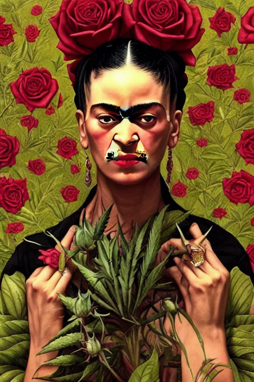 Image similar to rap album cover featuring frida kahlo wearing gangster thug outfit, staring directly into camera, intricate, elegant, dramatic lighting, highly detailed, digital painting, artstation, sharp focus, illustration, art by wlop, mars ravelo and greg rutkowski, roses replaced by weed buds, album cover, parental advisory