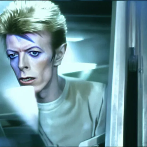 Image similar to A young David Bowie on the bridge of a starship, movie still,colour