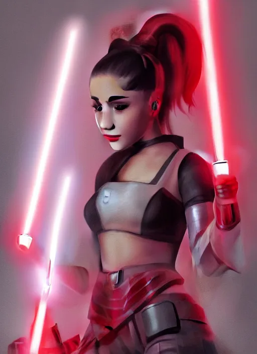 Image similar to Photo of Ariana Grande with a red lightsaber, Star Wars concept art, trending on artstation, dramatic lighting, photo-realistic