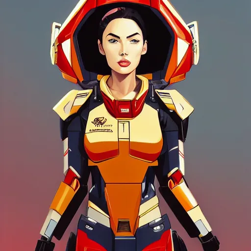 Image similar to portrait of stunning megan fox gundam pilot, with an intricate, detailed, urban inspired hiphop afro futuristic helmet, vector behance hd jesper ejsing, rhads, makoto shinkai, lois van baarle, ilya kuvshinov, rossdraws, hd, 3 2 k, ilya kuvshinov, gustav klimt