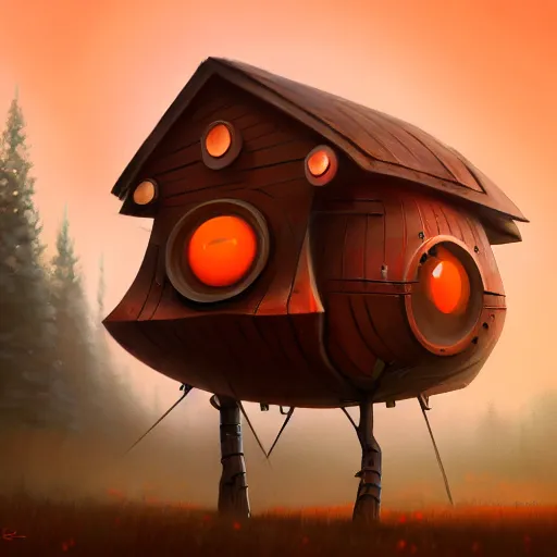 Image similar to a walking wood and metal house with two legs and one big eye, rust, hyperrealistic, highly detailed, cinematic, single ray of sun, morning, pareidolia, gravity falls style, red and orange dominance, beautiful, cgssociety, artstation, 8 k, oil painting, digital art