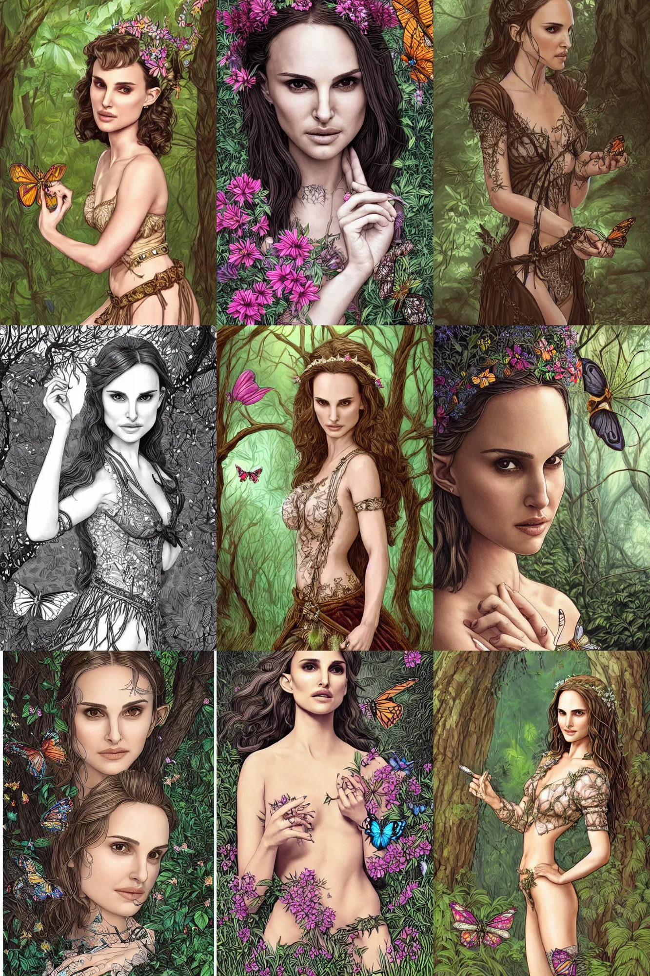 Prompt: alluring highly-detailed pen and ink illustration of an attractive young elf Natalie Portman in a forest, a with a butterfly resting on her index finger, clothed in a chesty fantasy outfit, intricate, elegant, highly detailed, colorful, digital painting, trending on Artstation, concept art, smooth, sharp focus, illustration, in the style of artgerm and greg rutkowski and alphonse mucha