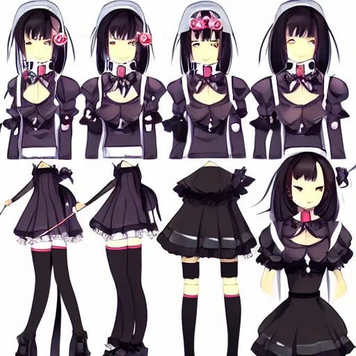 Image similar to fashion, shibuya, anime, game, characters reference sheet, high quality, ultra detailed , maid, full body