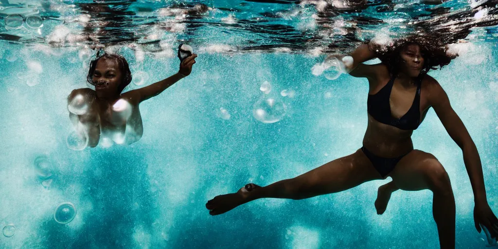 Prompt: Photography of a female black athletic skinny woman, taken under water in a pool in summer, she just jumped into water, many bubbles and rays of sun