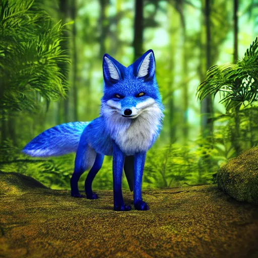 Image similar to A blue Fox in a lush forest, 8k, raytracing, hyper realistic, high detail,