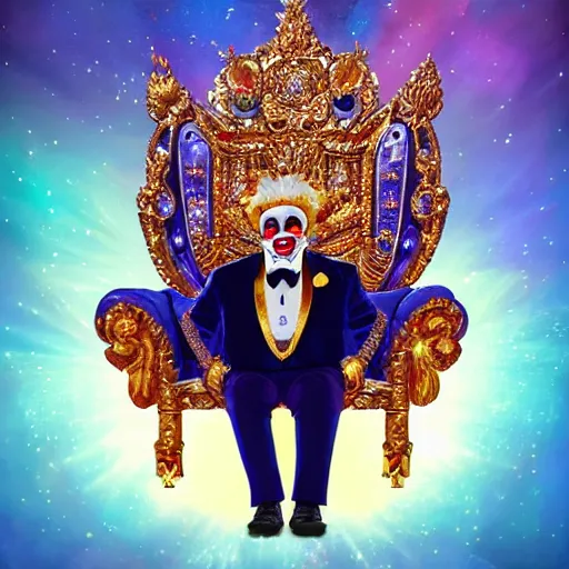 Image similar to shining giant throne made of millions of diamonds, gold and sapphires with thousands of light reflections, and a clown on a tuxedo suit is sitting on the throne while handing an earth model, dramatic light, digital painting, ultradetailed, artstation, oil painting