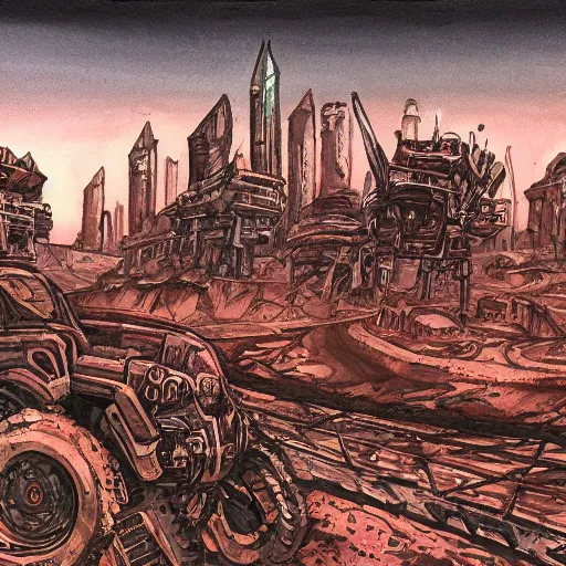 Image similar to dustpunk city on mars with an ethereal glow, gouache ink