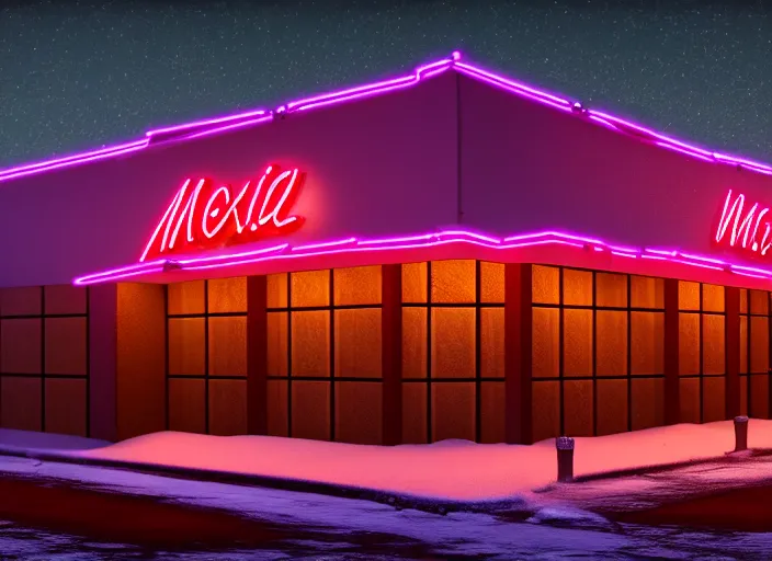 Image similar to exterior photo of a lone mexican restaurant, neon lights, vaporware, in a flat snowy field. 15mm. Very detailed 8k. Sharp. Cinematic post-processing. Unreal engine. Nanite. Ray tracing. Parallax. Tessellation