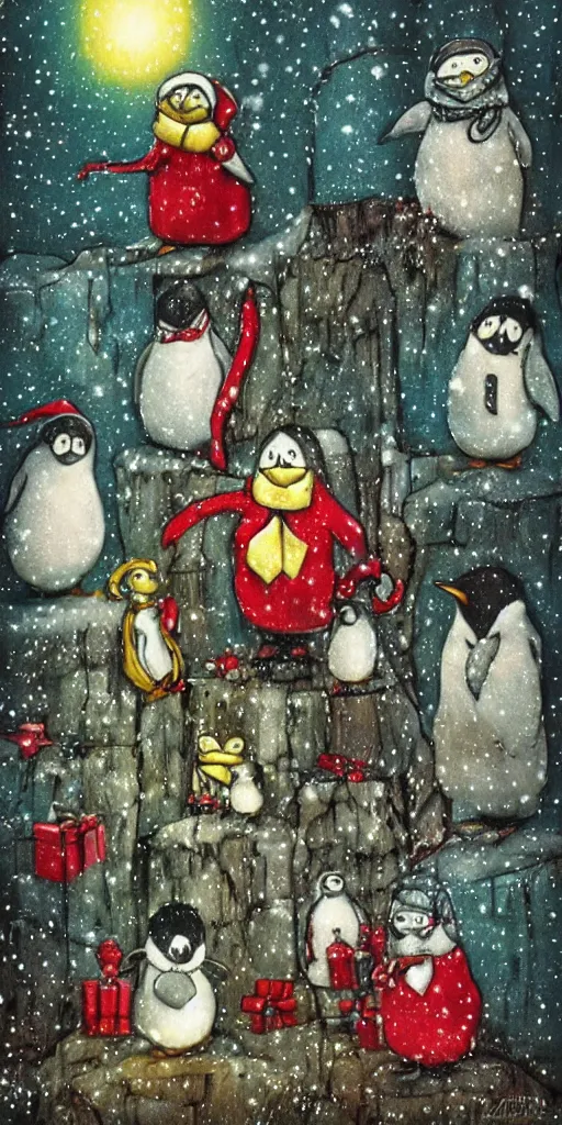 Prompt: a christmas penguins scene by alexander jansson