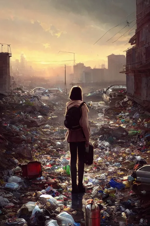 Prompt: detailed lonely girl with backpack standing at cars looking for food at garbage dump, destroyed cars, city is pure wasteland, moody sunset in background, save the planet, high details, sharp, photorealism, cinematic, greg rutkowski, alphonse mucha, trending on artstation, artgerm, unreal engine, breathtaking, award winning, highly detailed