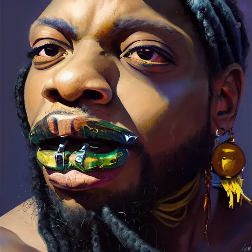 Prompt: Greg Manchess portrait painting of an afropunk villian character with facial tattoo, dreads, heavy build, medium shot, asymmetrical, profile picture, Organic Painting, sunset dark dramatic day, matte painting, bold shapes, high contrast, hard edges, street art, trending on artstation, by Huang Guangjian and Gil Elvgren and Sachin Teng