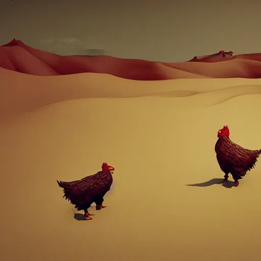 Prompt: cyborg chickens in the desert, Masterpiece, Edward Hopper and James Gilleard, Zdzislaw Beksinski, Mark Ryden, Wolfgang Lettl, hints of Yayoi Kasuma, octane render, 8k.