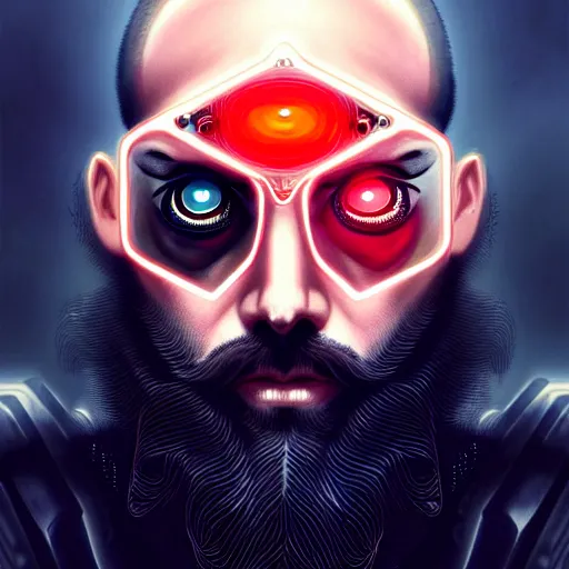 Image similar to bearded man with extremely large and intricate eye cyberpunk bionics with angry red eyes and slim features looking askance, eye cyberpunk bionics, retro futurist style, intricate, elegant gleaming intricate baroque jewelry, angelic halo, highly detailed, digital painting, artstation, concept art, smooth, sharp focus, illustration, art by wlop, mars ravelo and greg rutkowski,