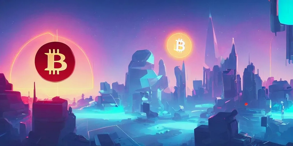 Prompt: weird perspective epic illustration of a futuristic city, bitcoin logo glowing on the wall in a scenic environment by Anton Fadeev