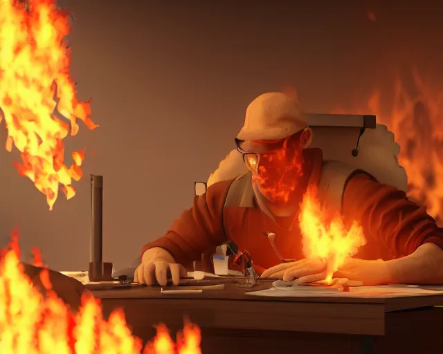 Image similar to a man works at a workstation in a very hot office with burning fires, local close up, featured in artstation, octane render, intricate, ultra detailed, fantasy, concept art, sharp focus, illustration, 8 k