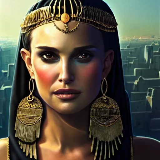 Image similar to closeup portrait of natalie portman as cleopatra, city background, dramatic light, gorgeous view, depth, high detail, digital art, painted by greg rutkowski and seb mckinnon, trending on artstation