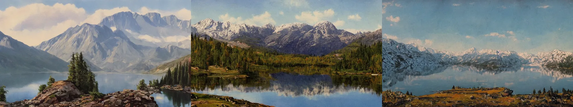 Prompt: lakeside mountains, soviet