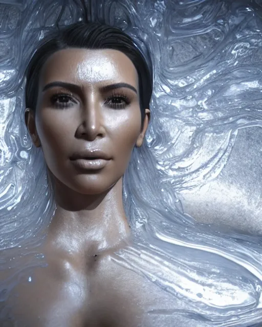 Image similar to cinematic full - body - shot still of kim kardashian unconscious in a transparent alien liquid, wet flowing hair, gooey skin, illustration, unreal engine 5, 8 k, made by h. r. giger.