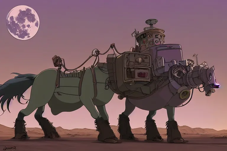 Prompt: a cell shaded cartoon of a lovecraftian mechanized horse from howl's moving castle ( 2 0 0 4 ), on a desert road, in front of a full moon, full body, wide shot, very muted colors, post grunge, studio ghibli, laurie greasley, highly detailed, deviantart, art by artgem