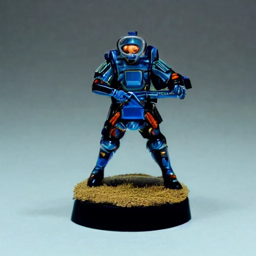 Image similar to a futuristic soldier captain with an armored visor and a blue shoulderpad