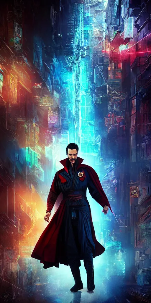 Image similar to cyberpunk, dr strange, photograph, cinematic,