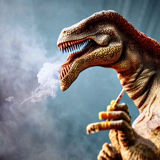 Prompt: dinosaur smoking a cigarette and blowing smoke realistic 8 k hdr 3 5 mm